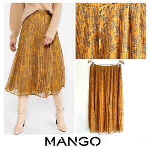 MANGO Mustard Floral Print Pleated Chiffon Tie & Elastic Waist Midi Skirt Sz M